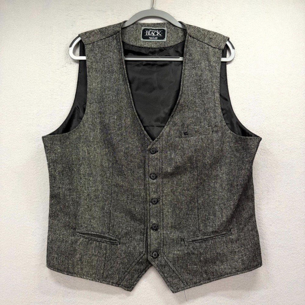 Buckle Black Tweed Suit Vest Mens 2XL Gray Wool Blend Wedding Groomsmen Slim Fit